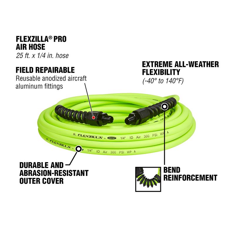 Flexzilla Pro 25 ft. L X 1/4 in. D Hybrid Polymer Air Hose 300 psi Zilla Green