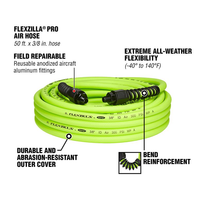 Flexzilla Pro 50 ft. L X 3/8 in. D Hybrid Polymer Air Hose 300 psi Zilla Green