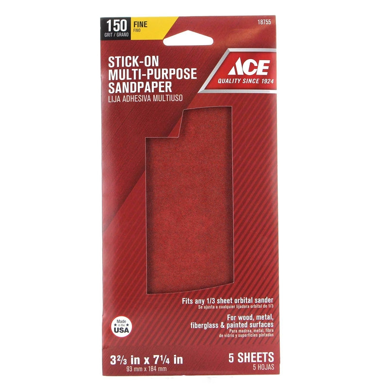 Ace 7-1/4 in. L X 3-2/3 in. W 150 Grit Aluminum Oxide Sandpaper 5 pk