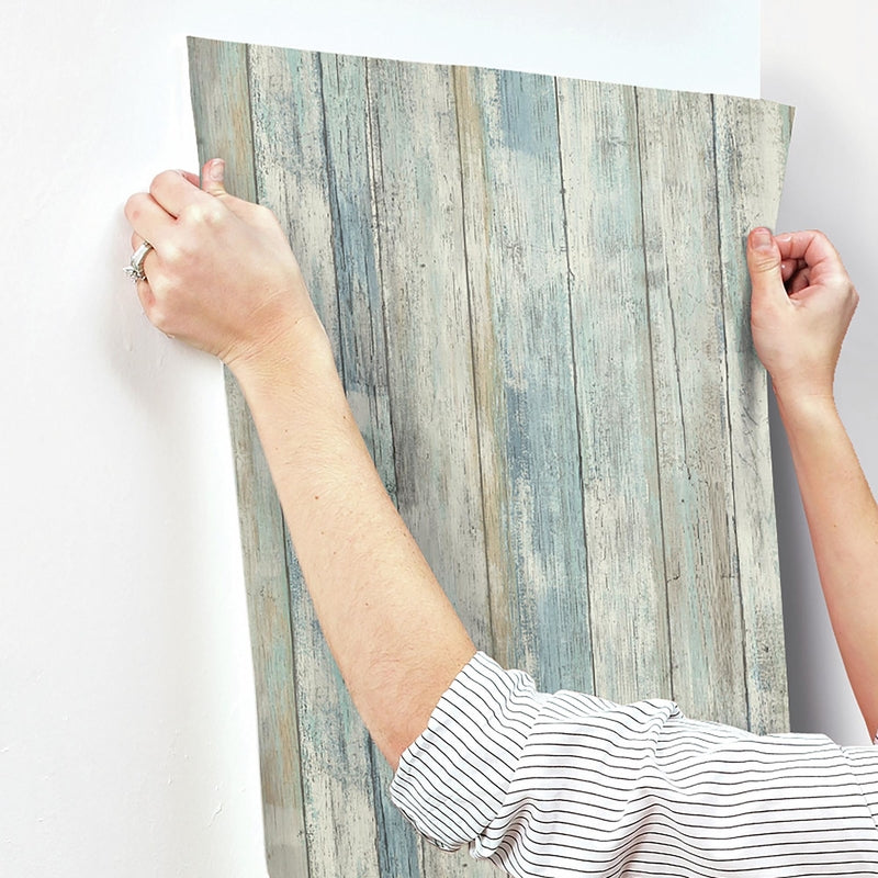 RoomMates 20.5 in. H X 16.5 ft. L Distressed Wood Blue Vinyl Peel and Stick Wallpaper