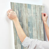 RoomMates 20.5 in. H X 16.5 ft. L Distressed Wood Blue Vinyl Peel and Stick Wallpaper