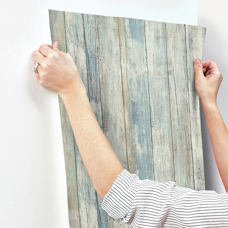 RoomMates 20.5 in. H X 16.5 ft. L Distressed Wood Blue Vinyl Peel and Stick Wallpaper