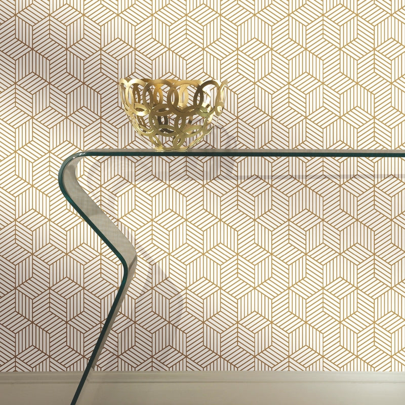 RoomMates 20.5 in. H X 16.5 ft. L Striped Hexagon White/Gold Vinyl Peel and Stick Wallpaper