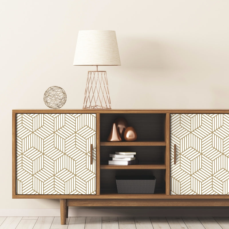 RoomMates 20.5 in. H X 16.5 ft. L Striped Hexagon White/Gold Vinyl Peel and Stick Wallpaper