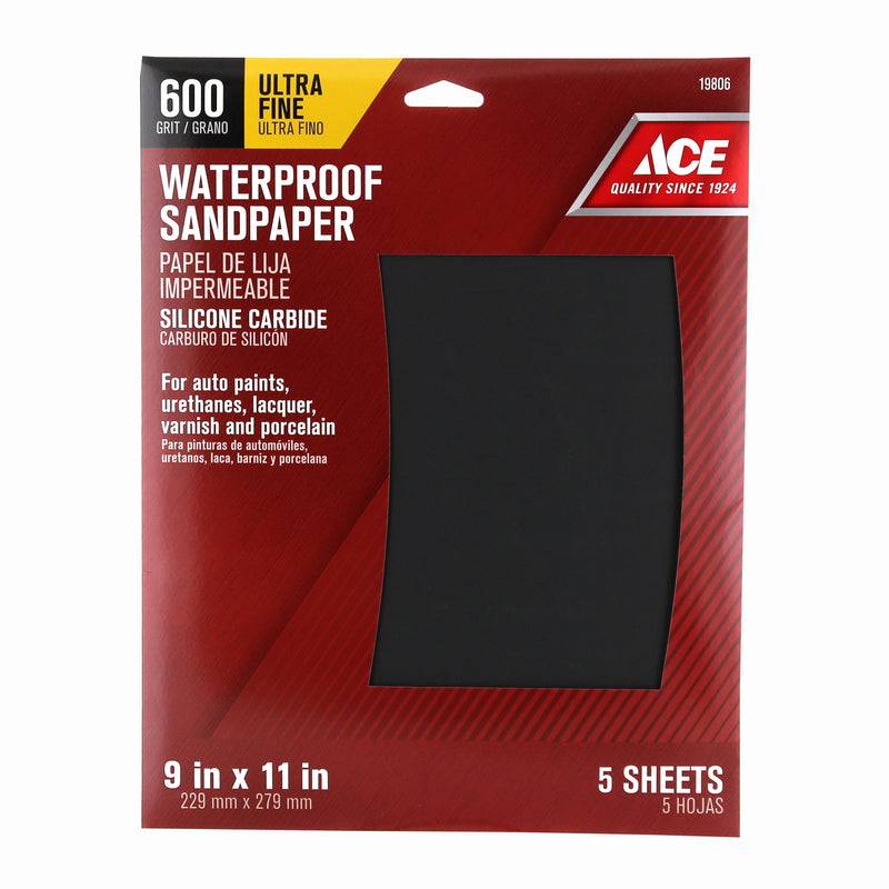 Ace 11 in. L X 9 in. W 600 Grit Silicon Carbide Waterproof Sandpaper 5 pk