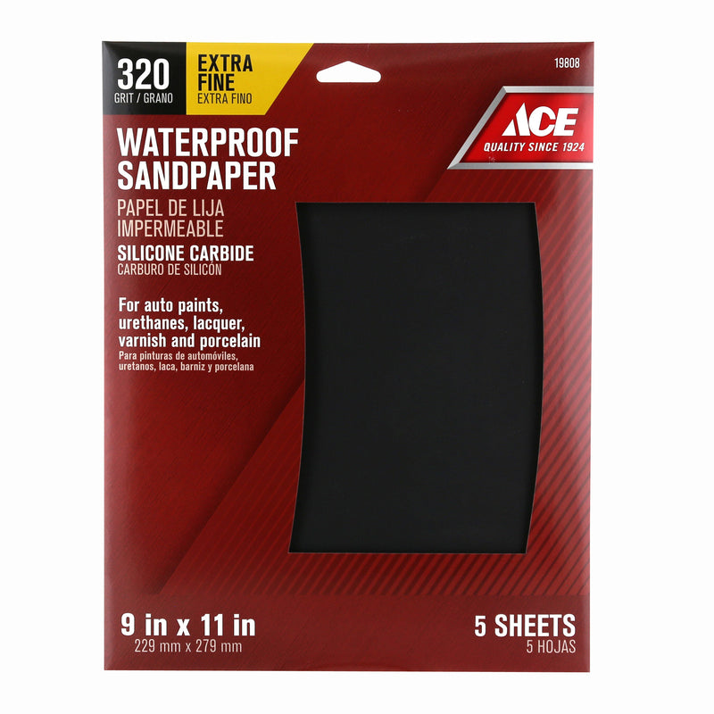 Ace 11 in. L X 9 in. W 320 Grit Silicon Carbide Waterproof Sandpaper 5 pk