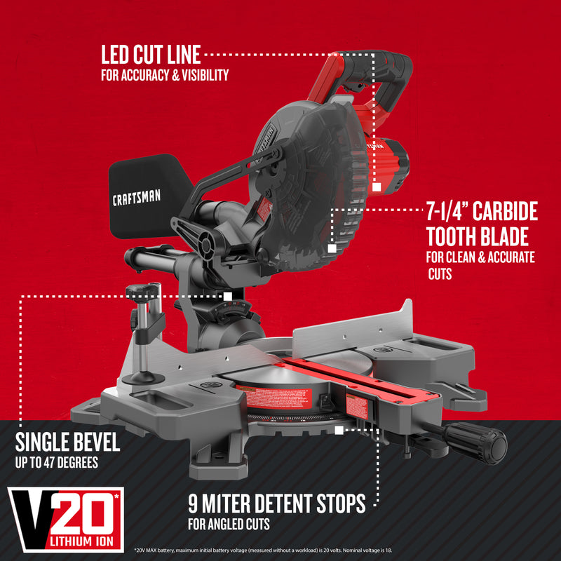 Craftsman V20 7-1/4 in. Cordless Sliding Miter Saw Kit (Battery & Charger)