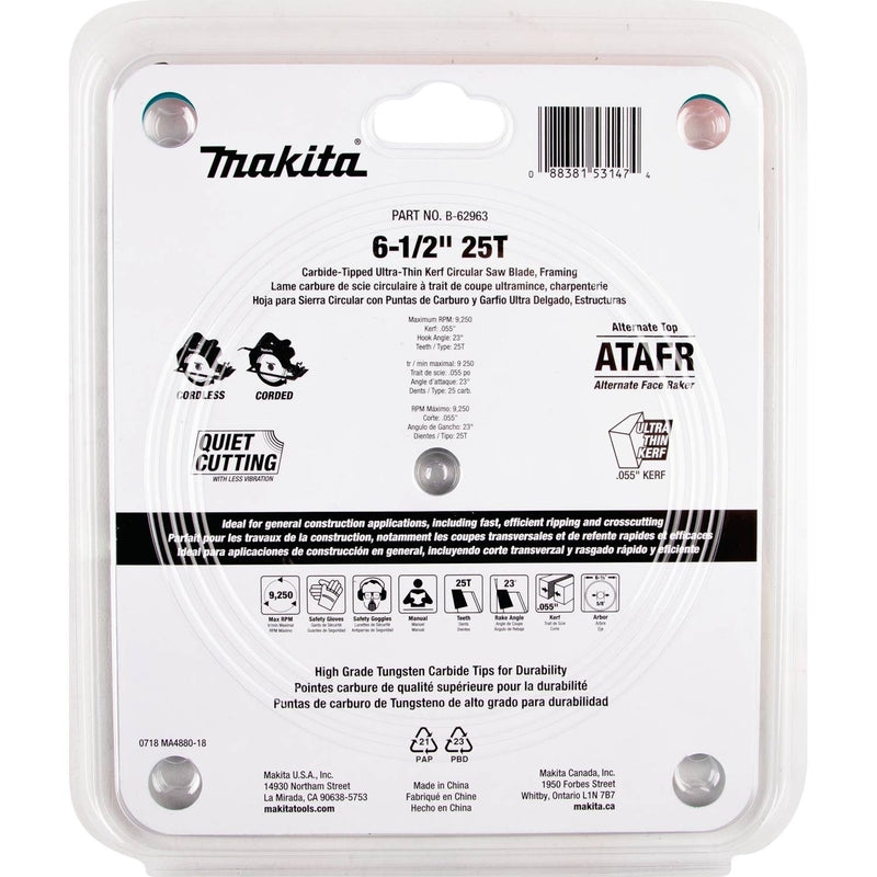 Makita 6-1/2 in. D X 5/8 in. Max Efficiency Carbide Tipped Circular Saw Blade 25 teeth 1 pk