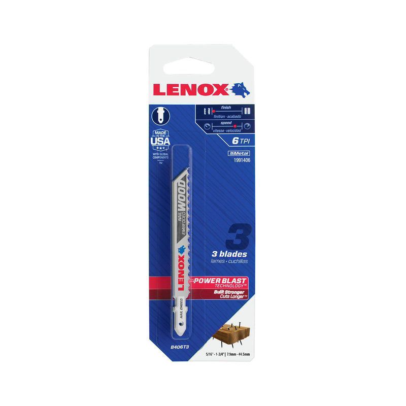Lenox 4 in. Bi-Metal T-Shank Nail-Embedded Wood Jig Saw Blade 6 TPI 3 pk