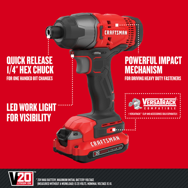 Craftsman V20 1/4 in. Cordless Brushed Impact Driver Kit (Battery & Charger)
