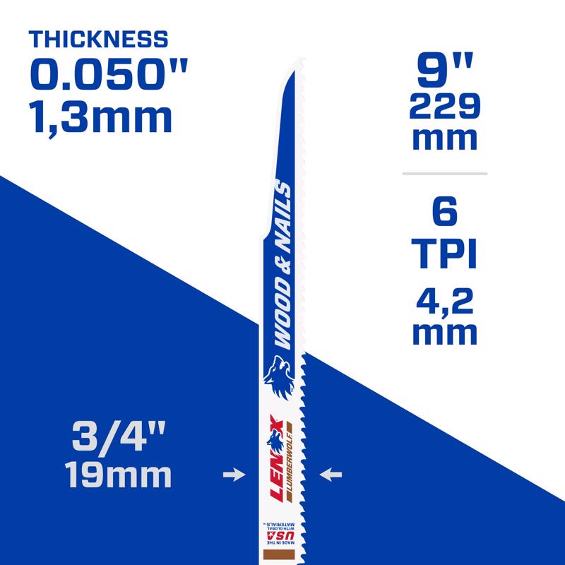 LENOX LUMBERWOLF 9 in. Bi-Metal Reciprocating Saw Blade 6 TPI 1 pk