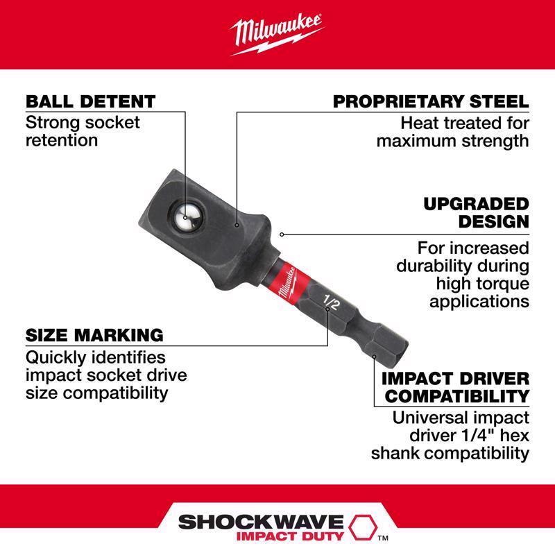 Milwaukee Shockwave Hex/Square 1/2 in. X 2 in. L Socket Adapter Alloy Steel 1 pk