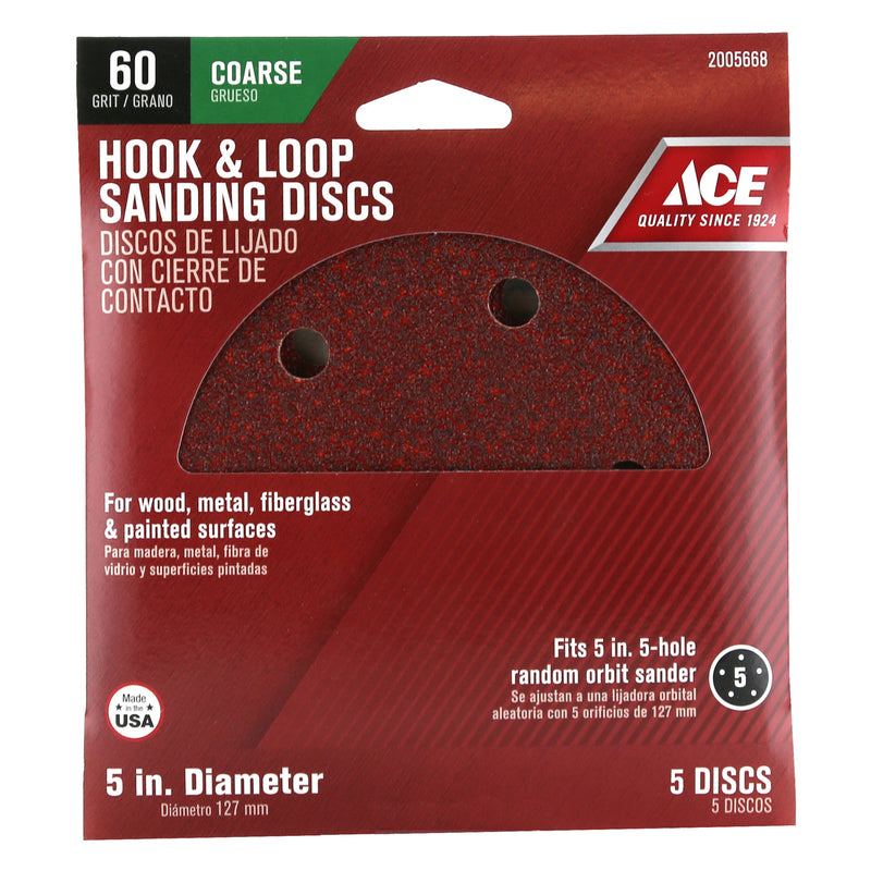 Ace 5 in. Aluminum Oxide Hook and Loop Sanding Disc 60 Grit Coarse 5 pk