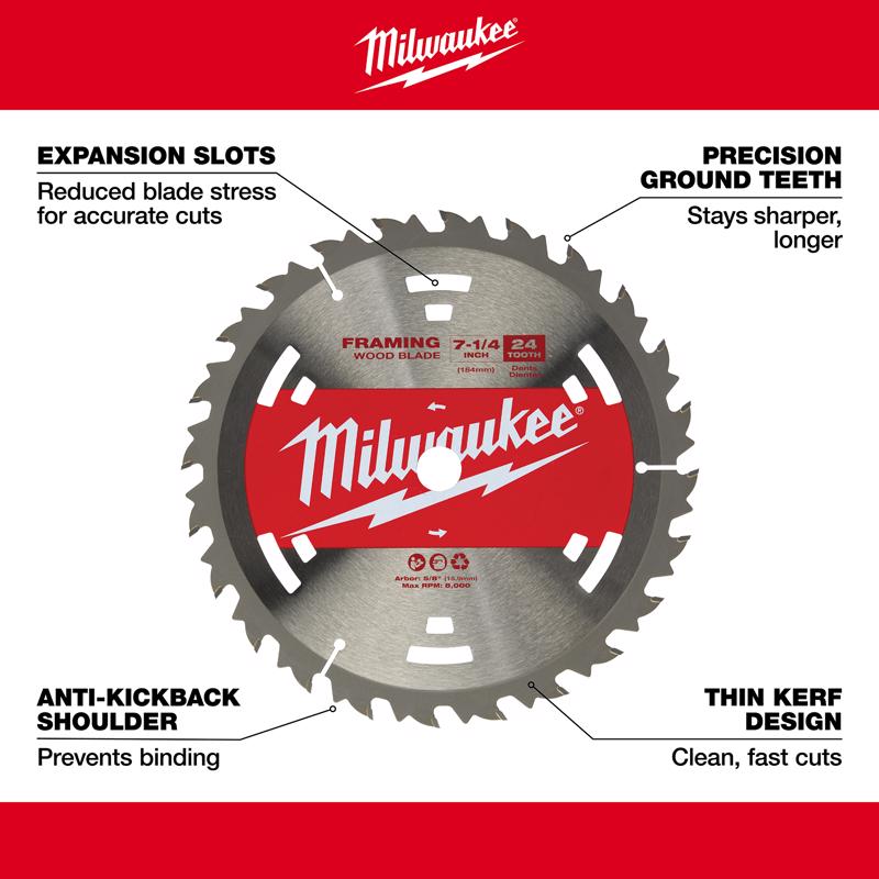 Milwaukee 7-1/4 in. D X 5/8 in. Basic Tungsten Carbide Framing Blade 24 teeth 1 pk