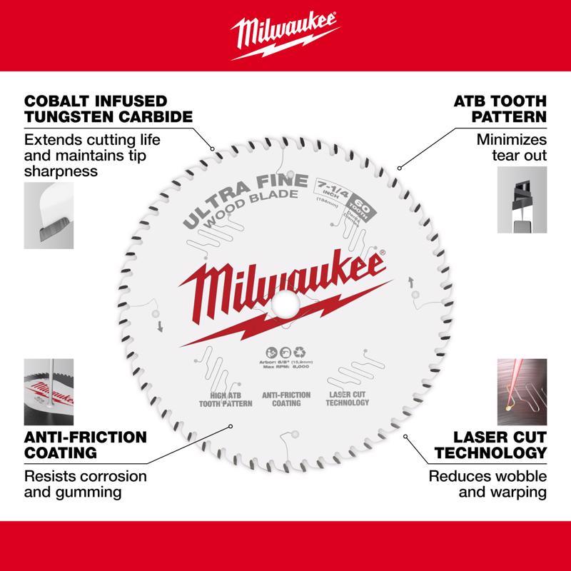 Milwaukee 7-1/4 in. D X 5/8 in. Ultra Fine Tungsten Carbide Saw Blade 60 teeth 1 pk