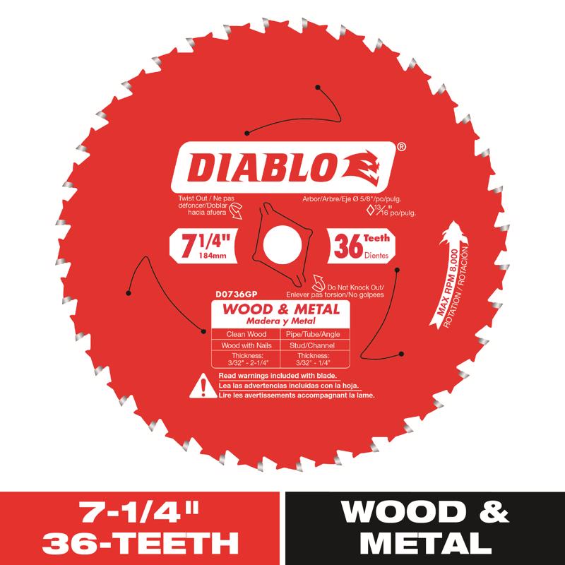 Diablo Wood & Metal 7-1/4 in. D X 5/8 in. TiCo Hi-Density Carbide Wood and Metal Saw Blade 36 teeth