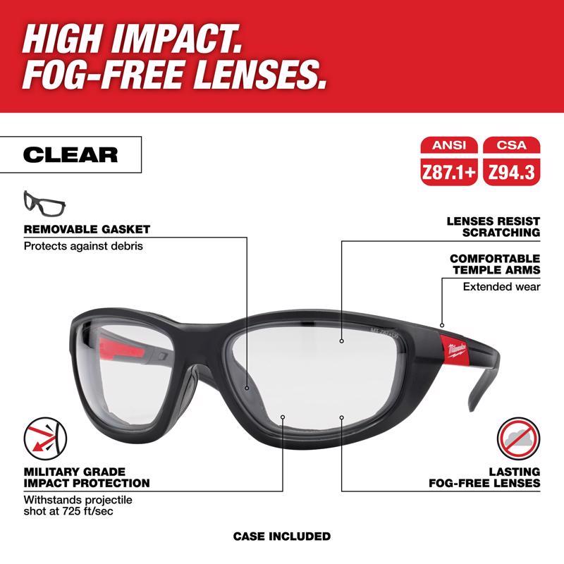 Milwaukee Anti-Fog Performance Safety Glasses with Gasket Clear Lens Black/Red Frame 1 pc