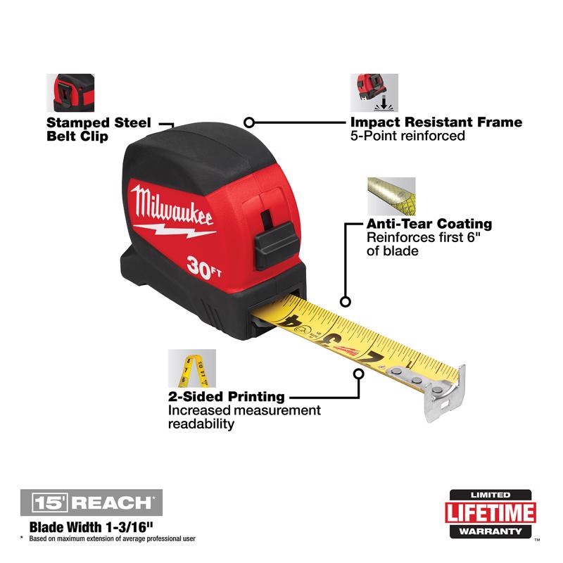 Milwaukee 30 ft. L X 1-1/8 in. W Compact Wide Blade Tape Measure 1 pk