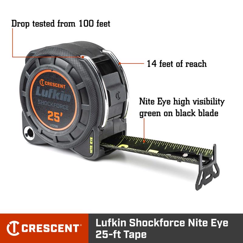 Crescent Lufkin 25 ft. L X 1-3/16 in. W Shockforce Night Eye Tape Measure 1 pk
