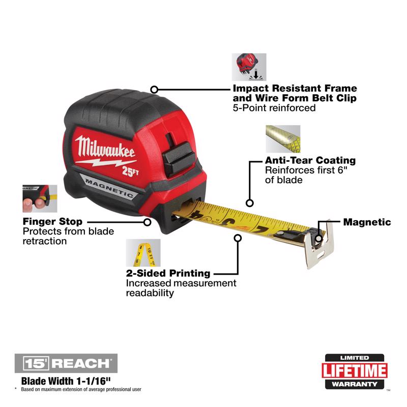 Milwaukee 25 ft. L X 1 in. W Compact Wide Blade Magnetic Tape Measure 2 pk