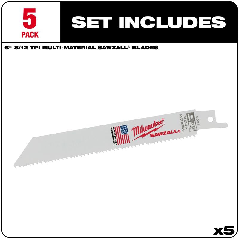 Milwaukee SAWZALL 6 in. Bi-Metal Thin Kerf Reciprocating Saw Blade 8/12 TPI 5 pk
