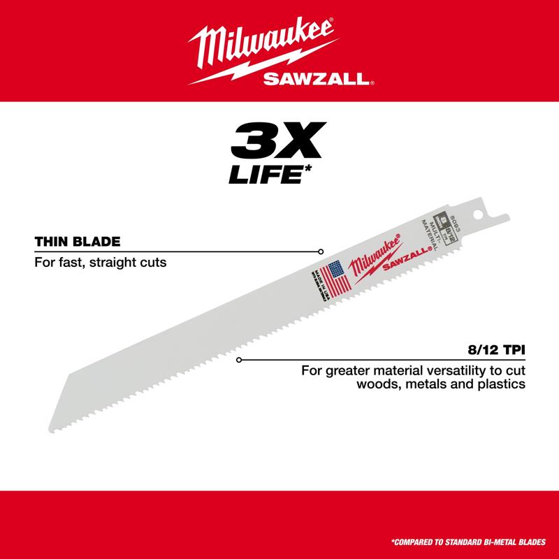 Milwaukee SAWZALL 6 in. Bi-Metal Thin Kerf Reciprocating Saw Blade 8/12 TPI 5 pk