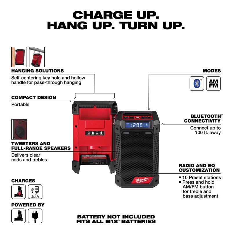 Milwaukee M12 Wireless Bluetooth Weather Resistant Radio + Charger