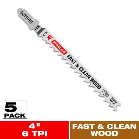 Diablo 4 in. High Carbon Steel T-Shank Fast and Clean Wood Jig Saw Blade 6 TPI 5 pk