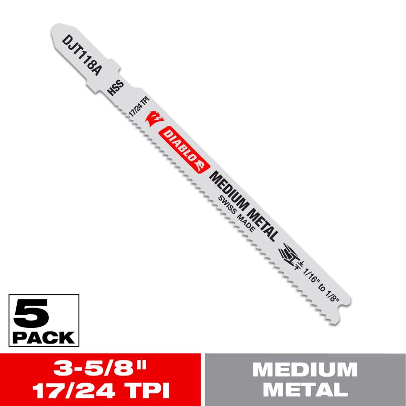 Diablo 3-5/8 in. High Speed Steel T-Shank Medium Metal Jig Saw Blade 17/24 TPI 5 pk