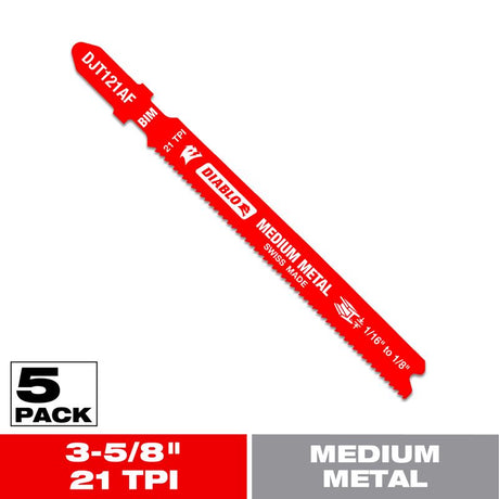 Diablo 3-5/8 in. Bi-Metal T-Shank Medium Metal Jig Saw Blade 21 TPI 5 pk