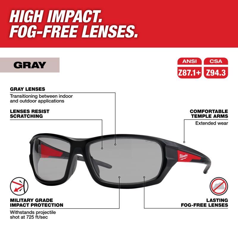 Milwaukee Performance Anti-Fog Impact-Resistant Safety Glasses Gray Lens Black/Red Frame