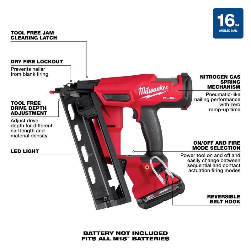 Milwaukee M18 FUEL 16 Ga. 18 Volt Brushless 20 deg Angled Finish Nailer Kit