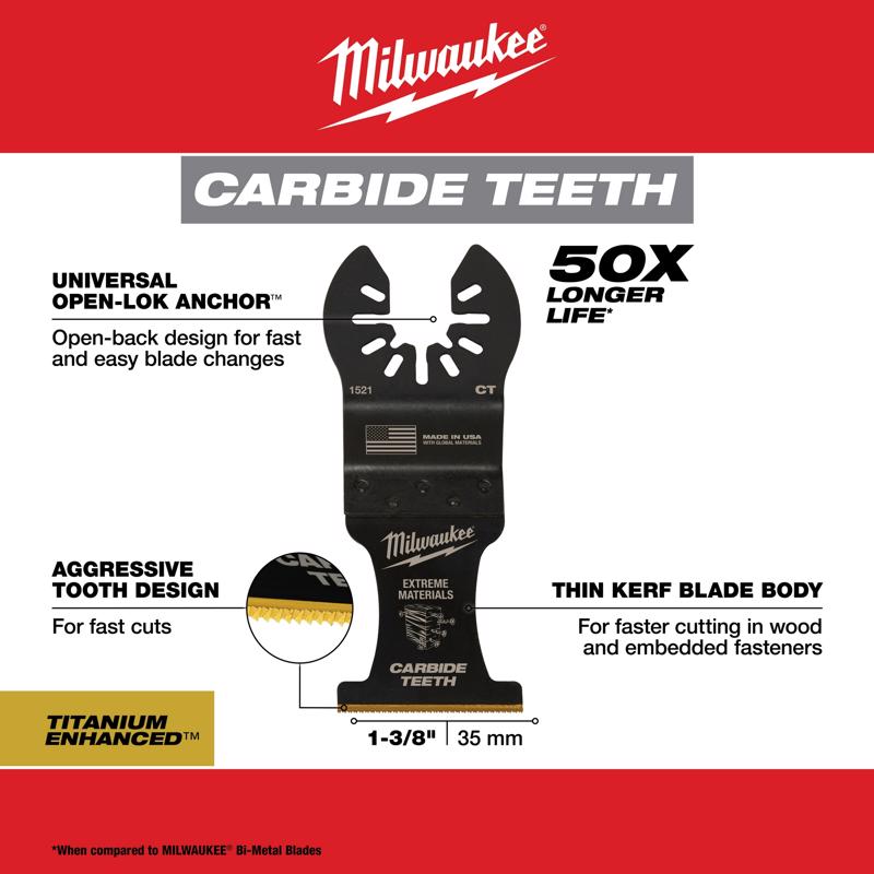 Milwaukee Universal Fit Open-Lok 3.58 in. L X 1-3/8 in. W Carbide Multi-Tool Oscillating Blade Extre
