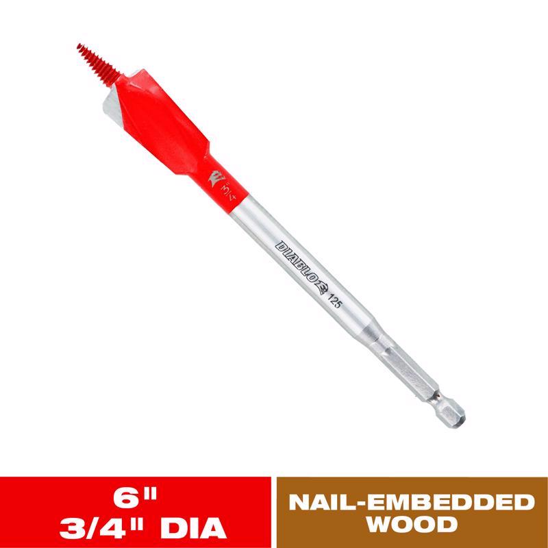 Diablo Demo Demon 3/4 in. X 6 in. L High Carbon Steel Nail-Embedded Wood Spade Bit Hex Shank 1 pk