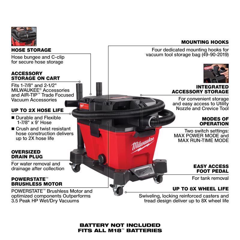 Milwaukee M18 FUEL 0910-20 6 gal Cordless Wet/Dry Vacuum Tool Only 18 V 3.5 HP