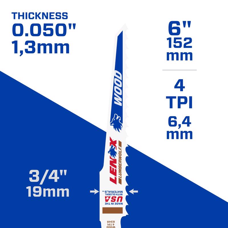 LENOX LUMBERWOLF 6 in. Bi-Metal Reciprocating Saw Blade 4 TPI 5 pk