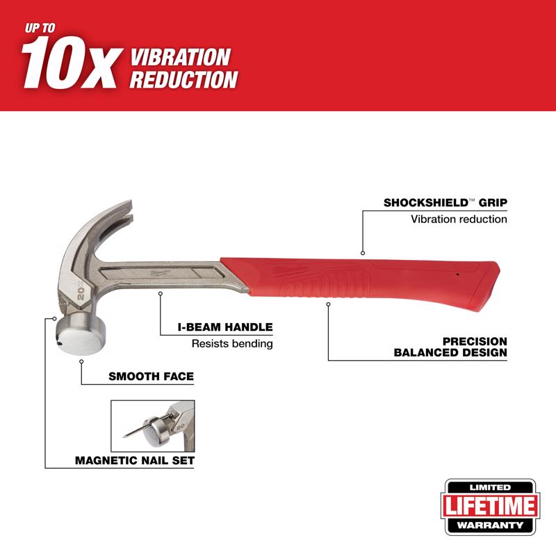Milwaukee 20 oz Smooth Face Claw Hammer 14 in. Rubber Handle