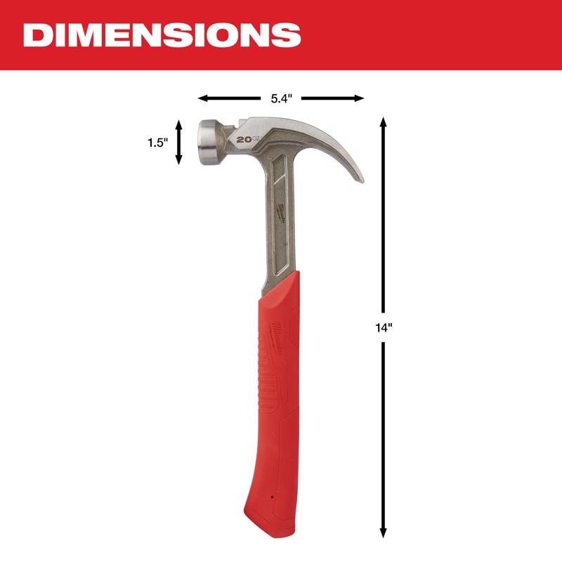 Milwaukee 20 oz Smooth Face Claw Hammer 14 in. Rubber Handle