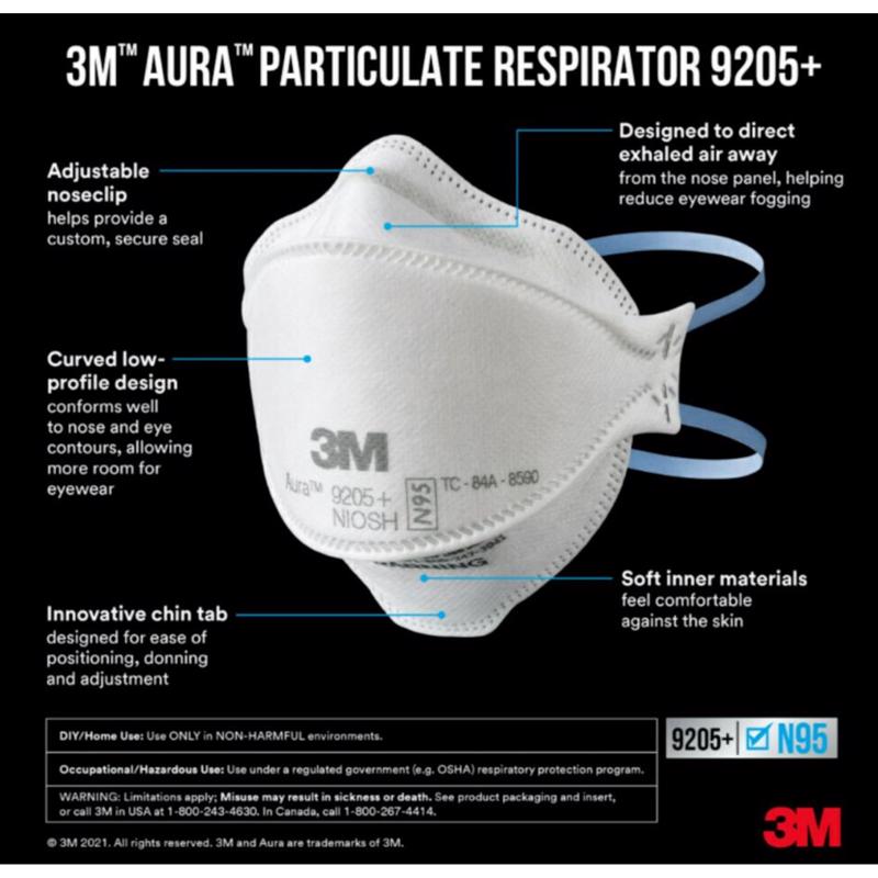 3M Aura N95 Dust Protection Particulate Respirator 9205+ White 10 pk
