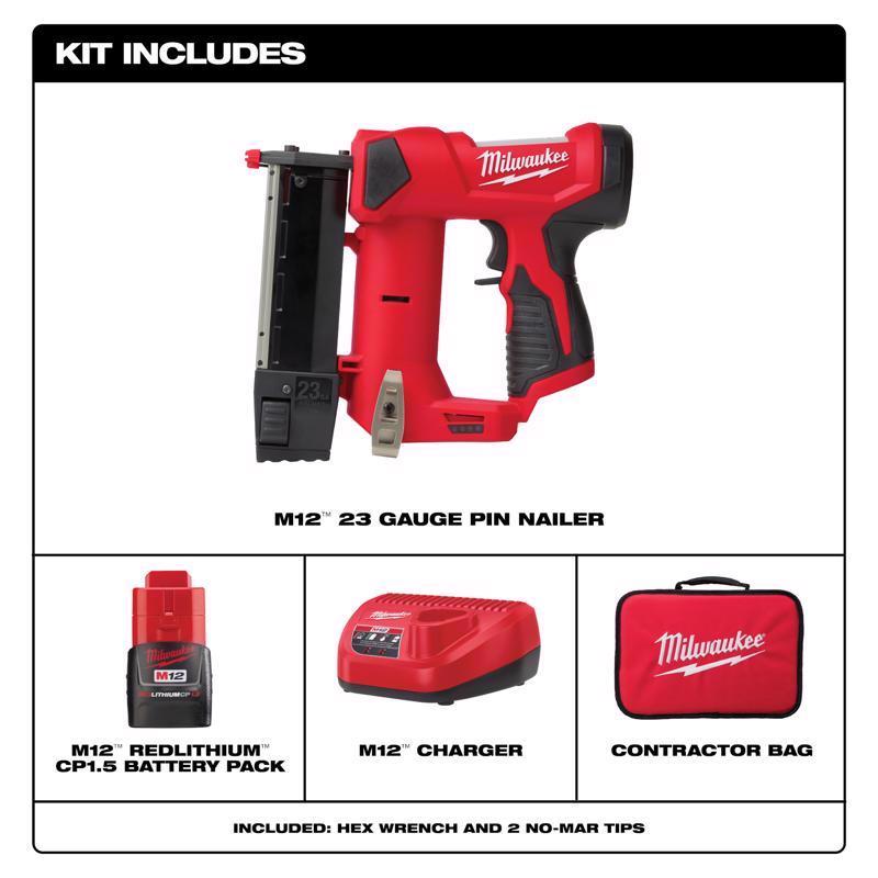 Milwaukee M12 23 Ga. Cordless Pin Nailer Kit (Battery & Charger) 12 V