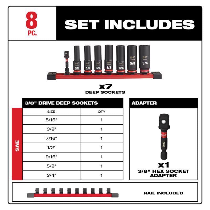 Milwaukee ShockWave 3/8 in. drive SAE 6 Point Deep Impact Rated Socket Set 8 pc