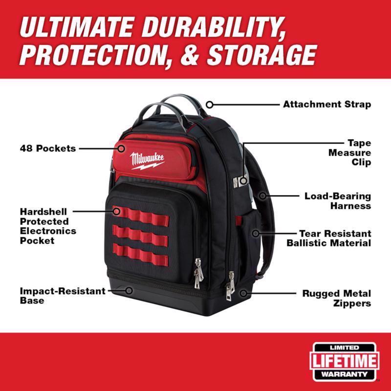 Milwaukee Ultimate Jobsite 18 in. W X 20 in. H Ballistic Nylon Backpack 48 pocket Black/Red 1 pc