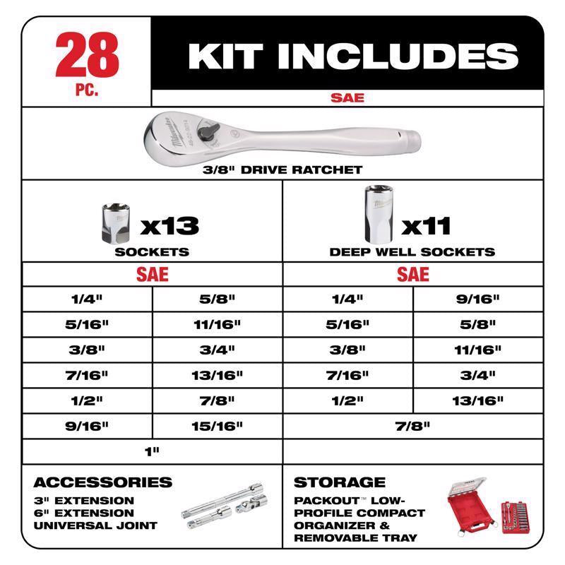 Milwaukee Packout 3/8 in. drive SAE Ratchet and Socket Set