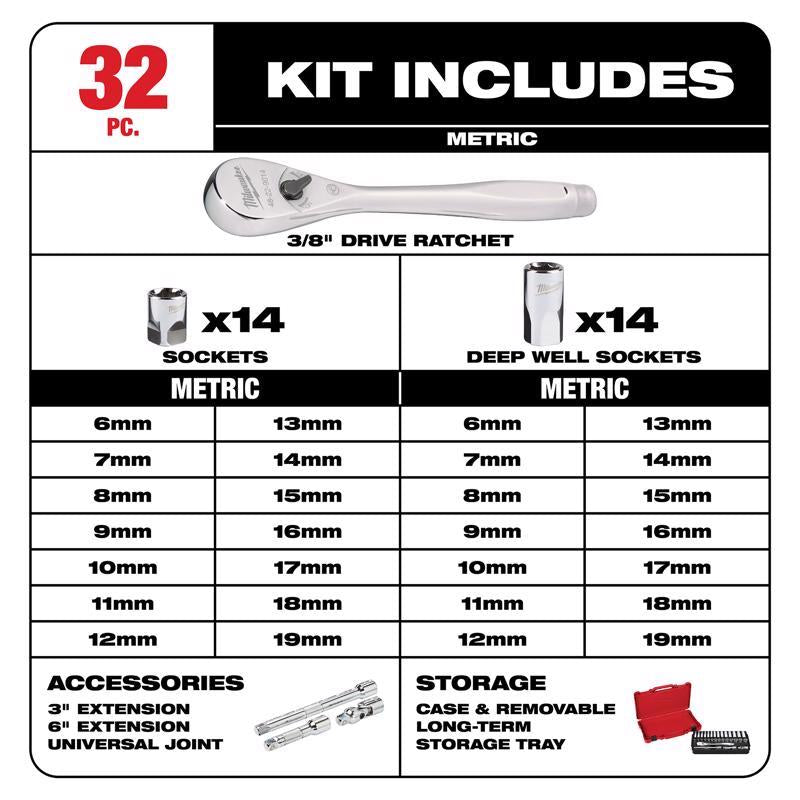 Milwaukee 3/8 in. drive Metric Mechanics Socket and Ratchet Set 32 pc