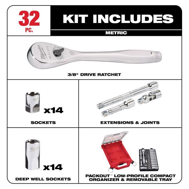 Milwaukee PACKOUT 3/8 in. drive Metric 6 Point Mechanics Socket and Ratchet Set 32 pc