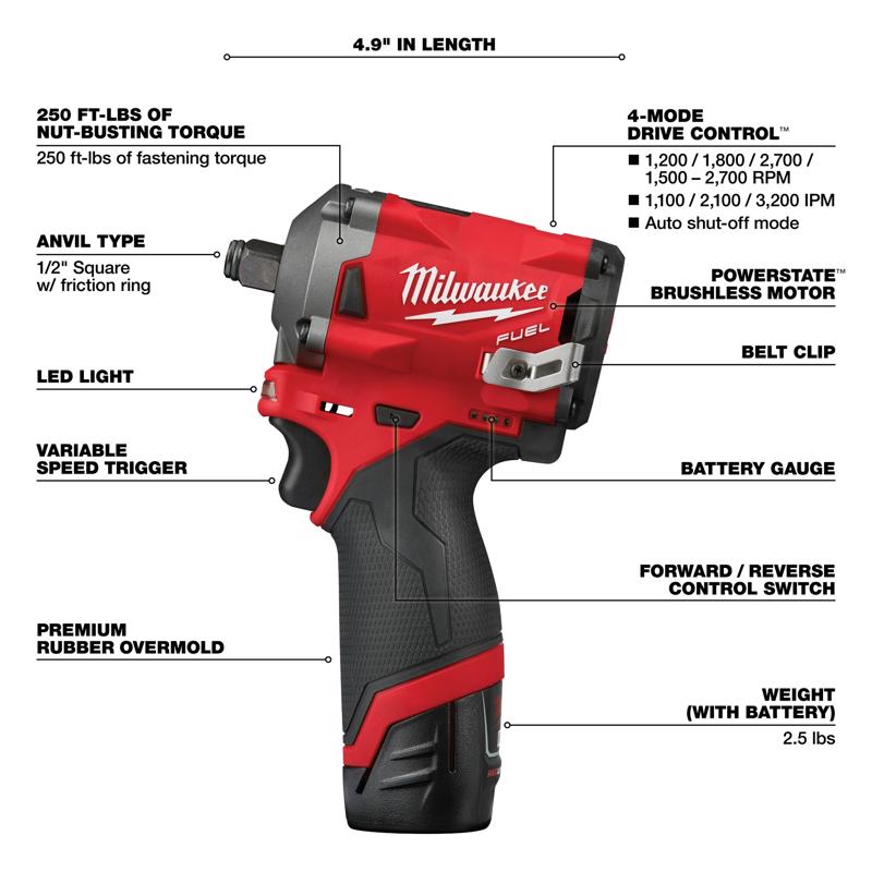 Milwaukee M12 FUEL 1/2 in. Cordless Brushless Stubby Impact Wrench Kit (Battery & Charger)