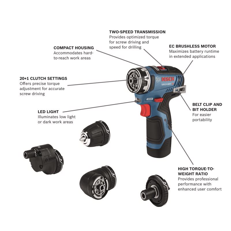 Bosch 12V MAX Chameleon 1/4 in. Brushless Cordless 5-In-1 Drill Kit (Battery & Charger)