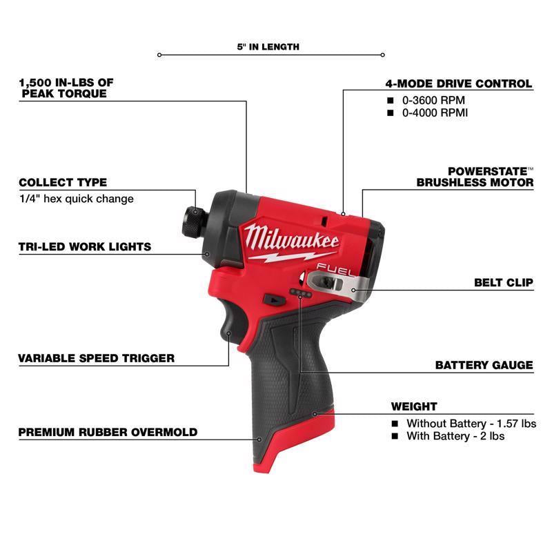 Milwaukee M12 FUEL 1/4 in. Cordless Brushless Impact Driver Tool Only