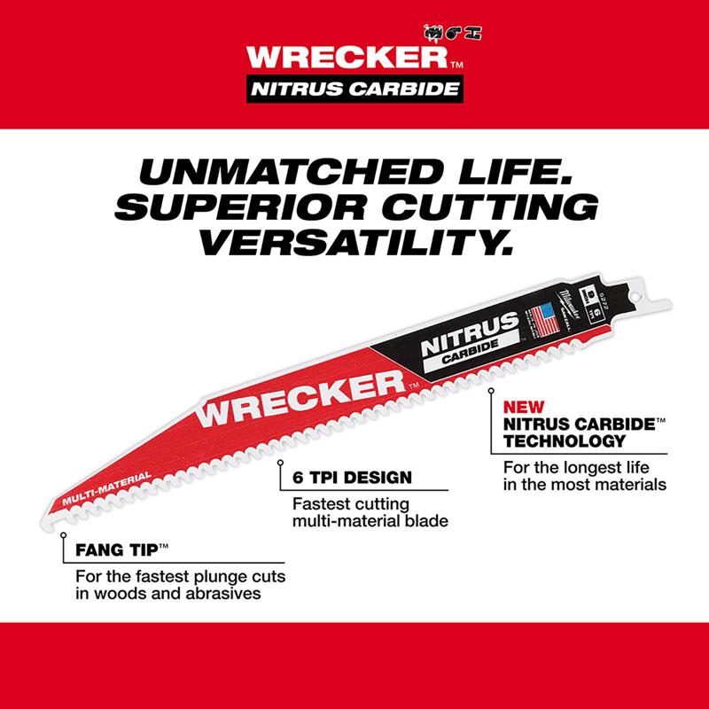 Milwaukee Wrecker 9 in. Nitrus Carbide Reciprocating Saw Blade 6 TPI 3 pk