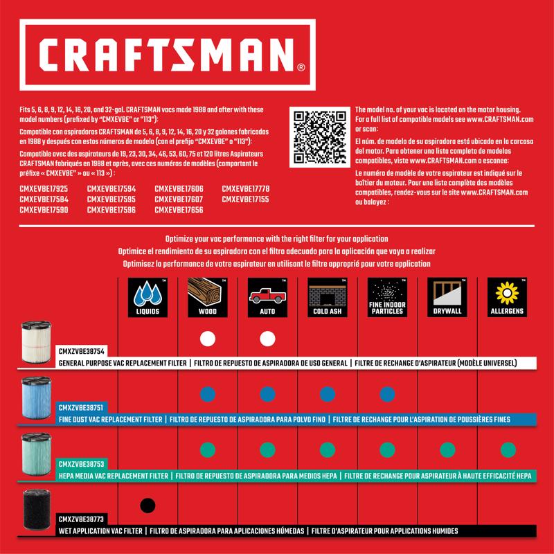 Craftsman 6.75 in. D Fine Dust Wet/Dry Vac Cartridge Filter 5-20 gal 2 pc